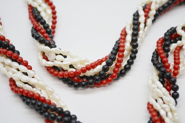 Sardonyx, Freshwater Pearl and Onyx Torsade Necklace With 14K Yellow Gold Clasp