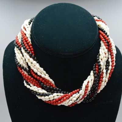 Sardonyx, Freshwater Pearl and Onyx Torsade Necklace With 14K Yellow Gold Clasp