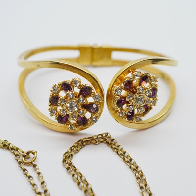 Gold Filled Heart Locket Pendant Necklace and Costume Heart Locket Pendant, Two Rhinestone Brooches, and Bracelet