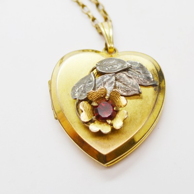 Gold Filled Heart Locket Pendant Necklace and Costume Heart Locket Pendant, Two Rhinestone Brooches, and Bracelet