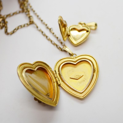 Gold Filled Heart Locket Pendant Necklace and Costume Heart Locket Pendant, Two Rhinestone Brooches, and Bracelet