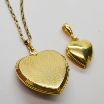 Gold Filled Heart Locket Pendant Necklace and Costume Heart Locket Pendant, Two Rhinestone Brooches, and Bracelet