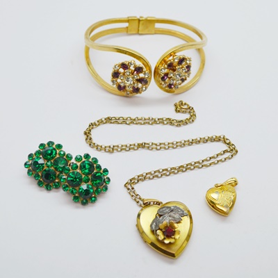 Gold Filled Heart Locket Pendant Necklace and Costume Heart Locket Pendant, Two Rhinestone Brooches, and Bracelet