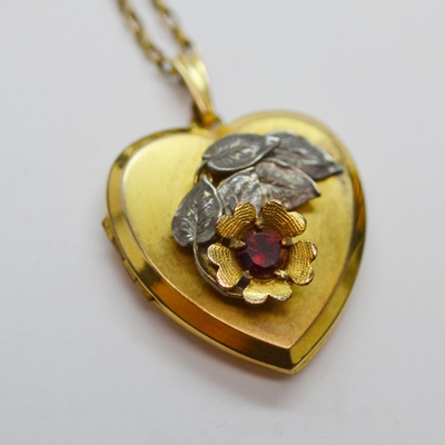 Gold Filled Heart Locket Pendant Necklace and Costume Heart Locket Pendant, Two Rhinestone Brooches, and Bracelet