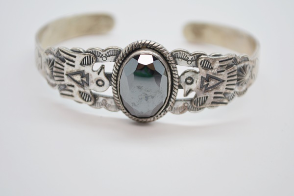 Native America Style Sterling Silver Hematite Cuff, Turquoise Bead Bracelet and Three Rings