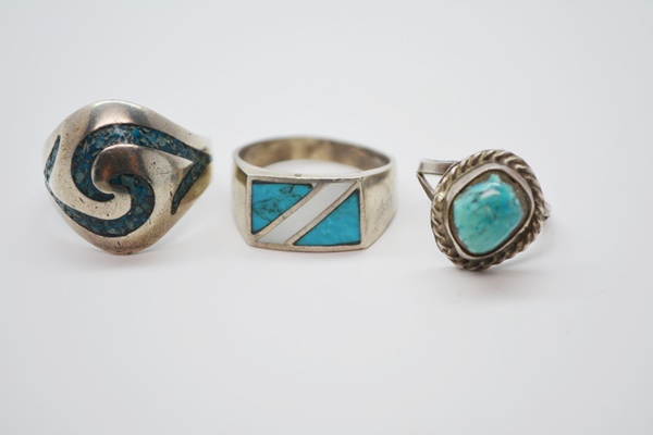 Native America Style Sterling Silver Hematite Cuff, Turquoise Bead Bracelet and Three Rings