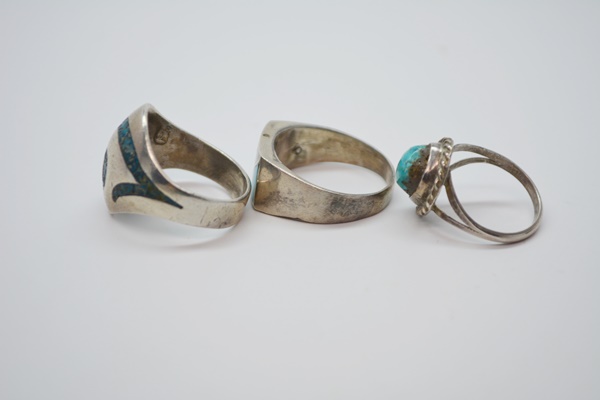 Native America Style Sterling Silver Hematite Cuff, Turquoise Bead Bracelet and Three Rings