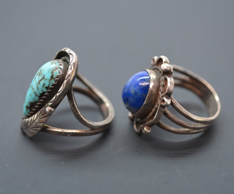Sterling Silver Lapis Lazuli Ring, Turquoise Ring, and Two Brooches