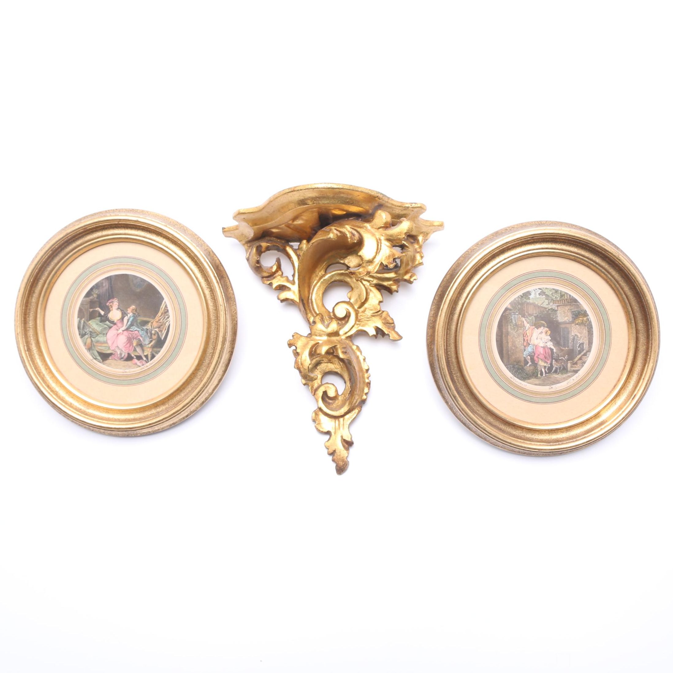 Gold Tone Framed Scenes and Shelf