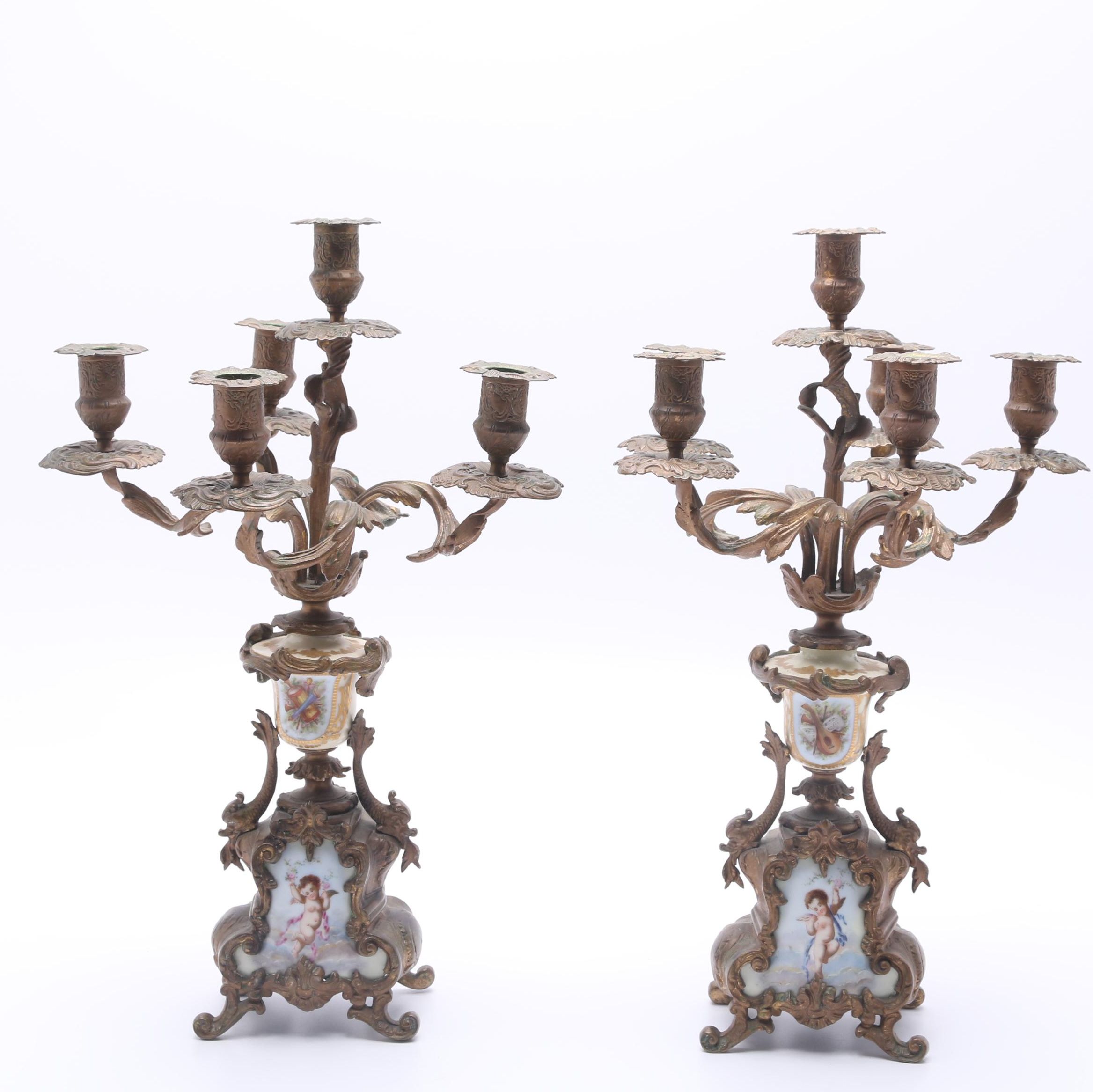 Pair of Provincial-Style Metal and Porcelain Candelabra