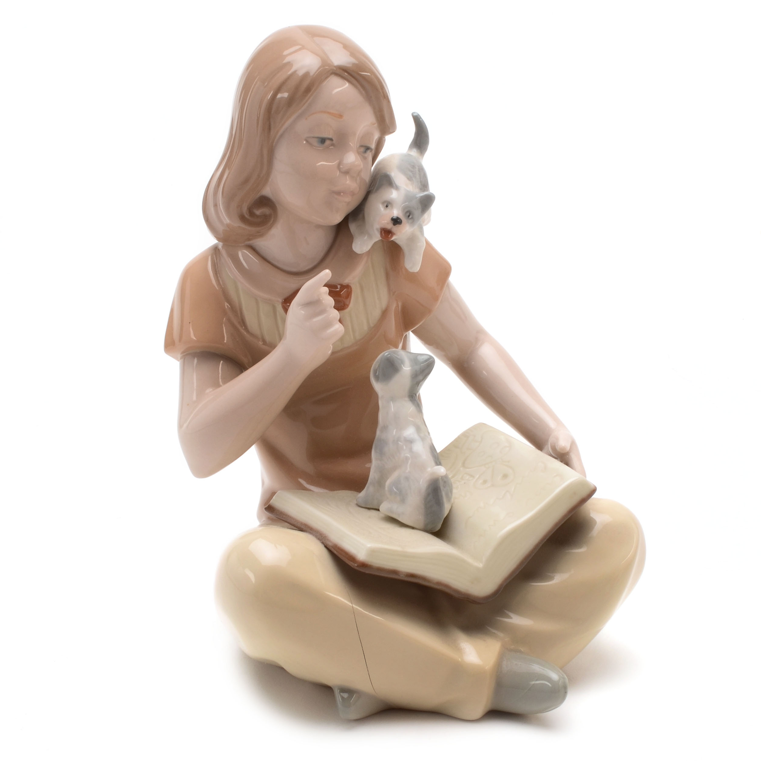 Nadal Porcelain Figurine of Girl Reading with Kittens