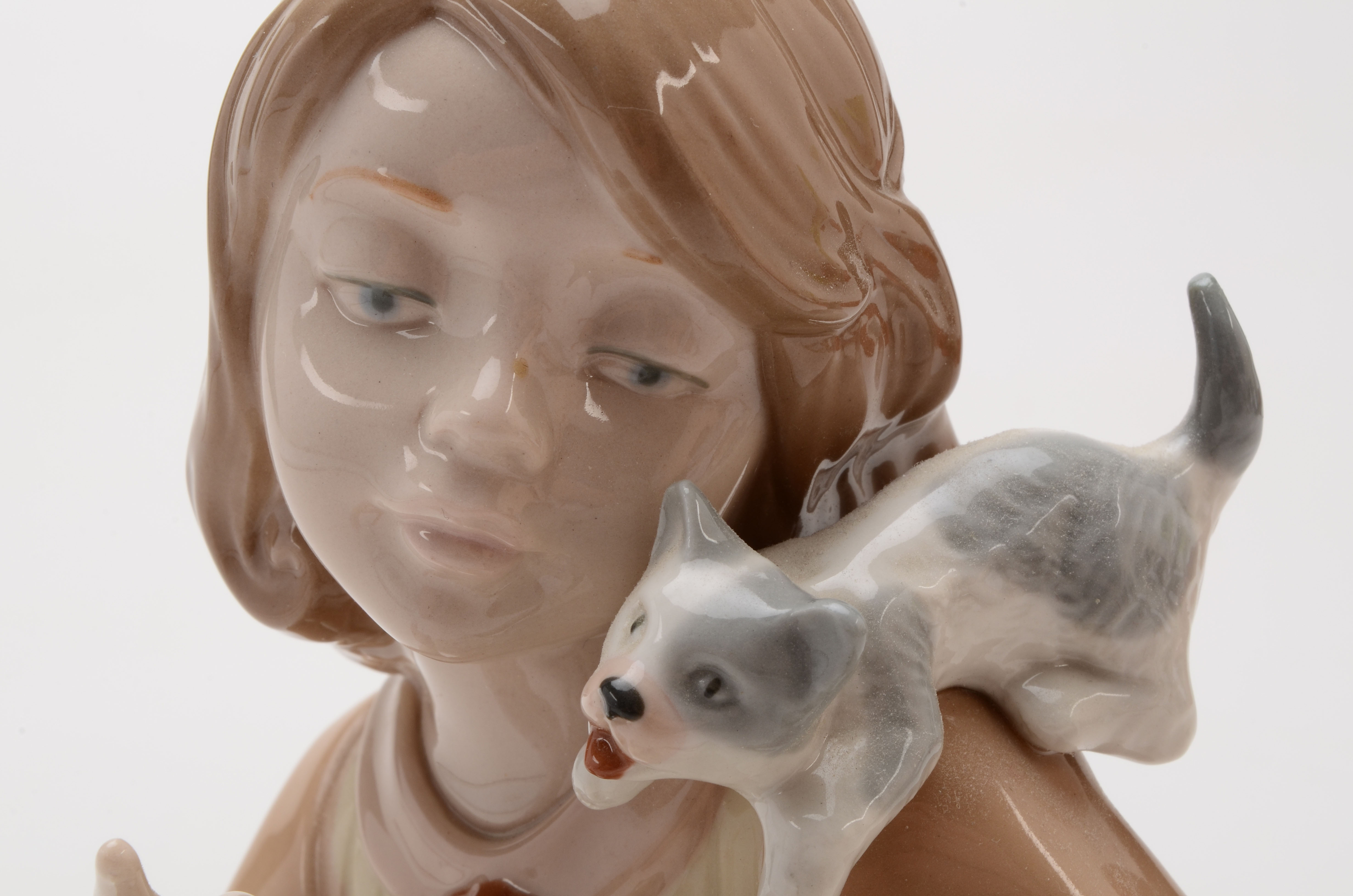 Nadal Porcelain Figurine of Girl Reading with Kittens