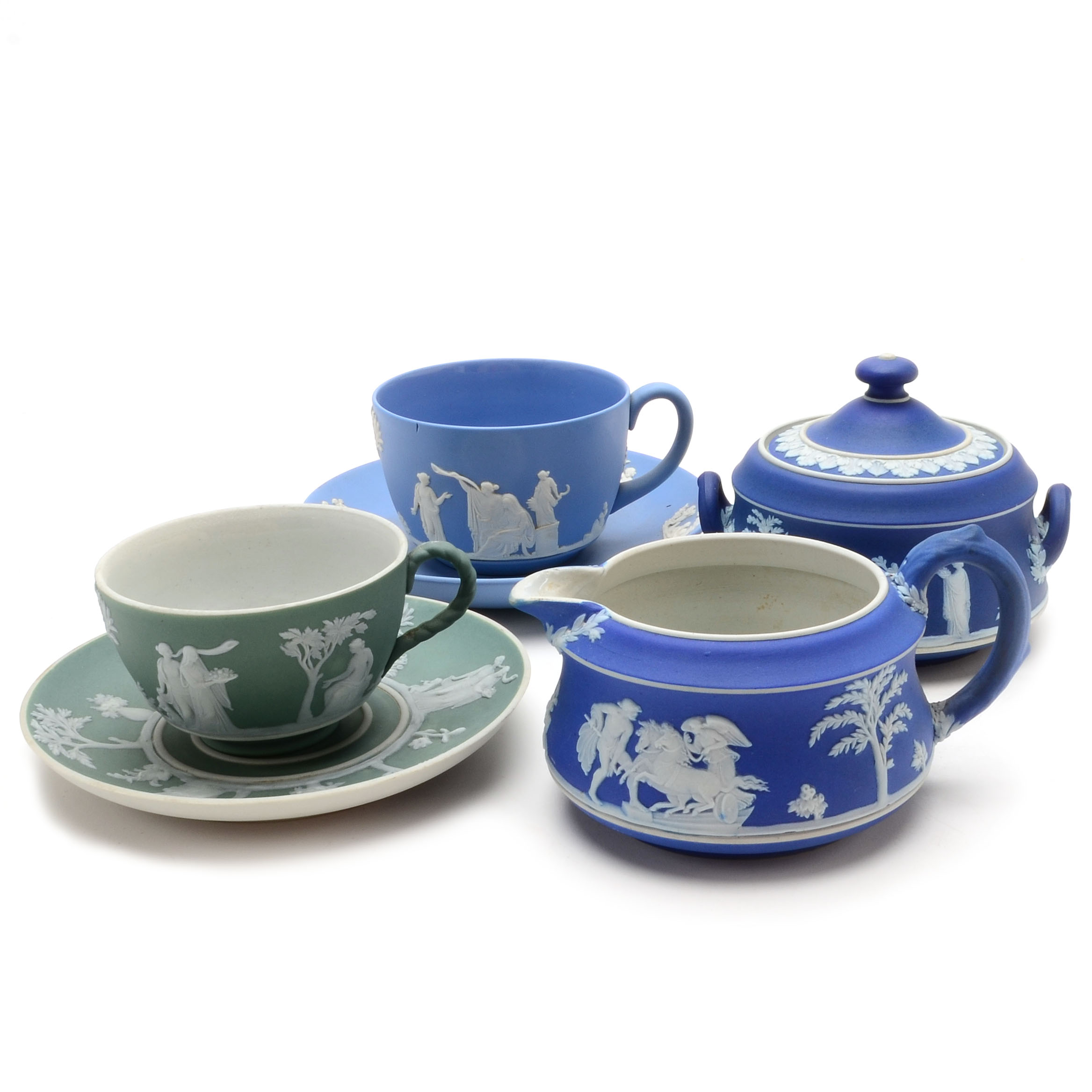 Wedgwood Jasperware Sugar Bowl, Creamer and Tea Cups with Saucers