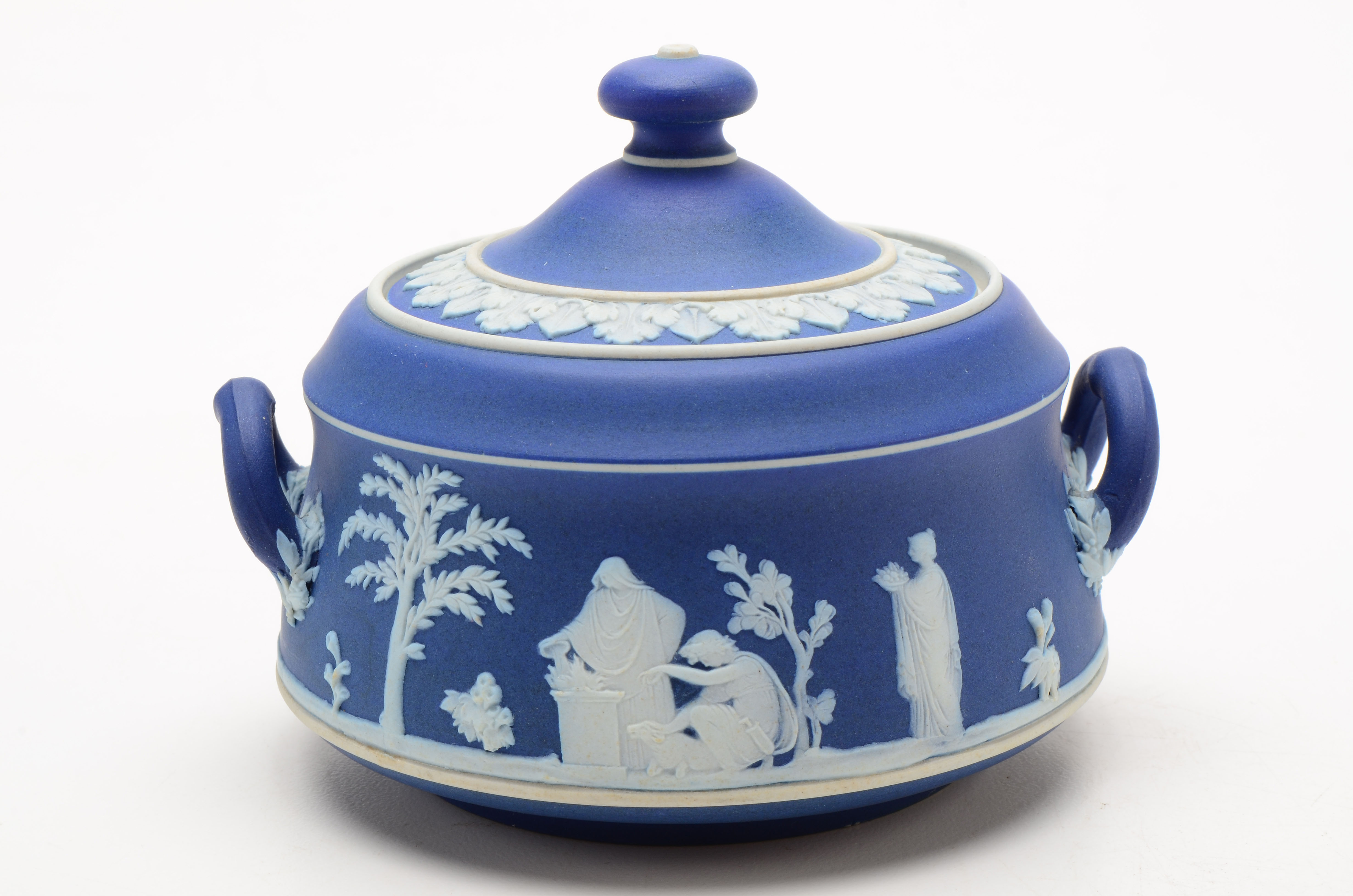 Wedgwood Jasperware Sugar Bowl, Creamer and Tea Cups with Saucers