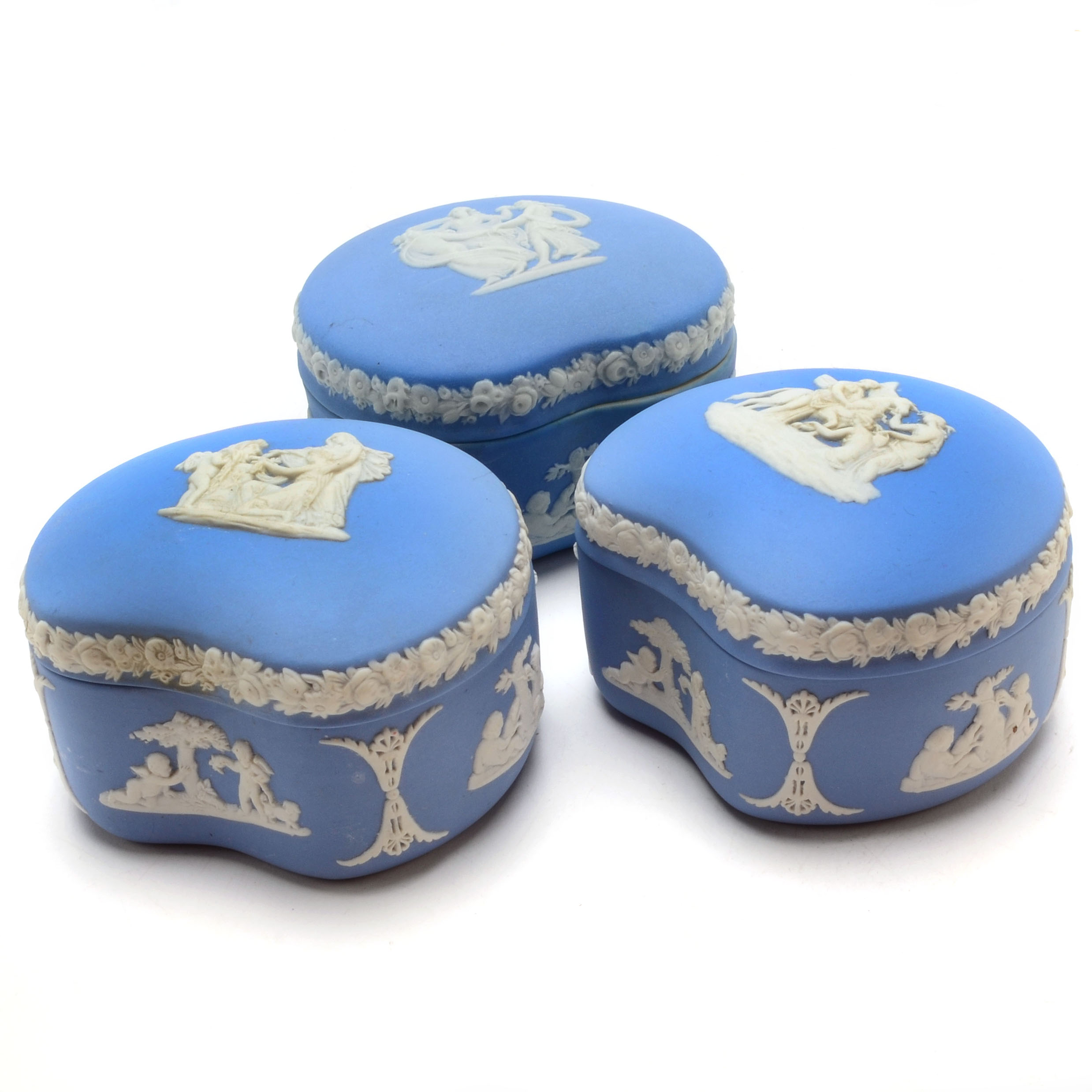 Three Vintage Wedgwood Blue Jasperware Trinket Boxes