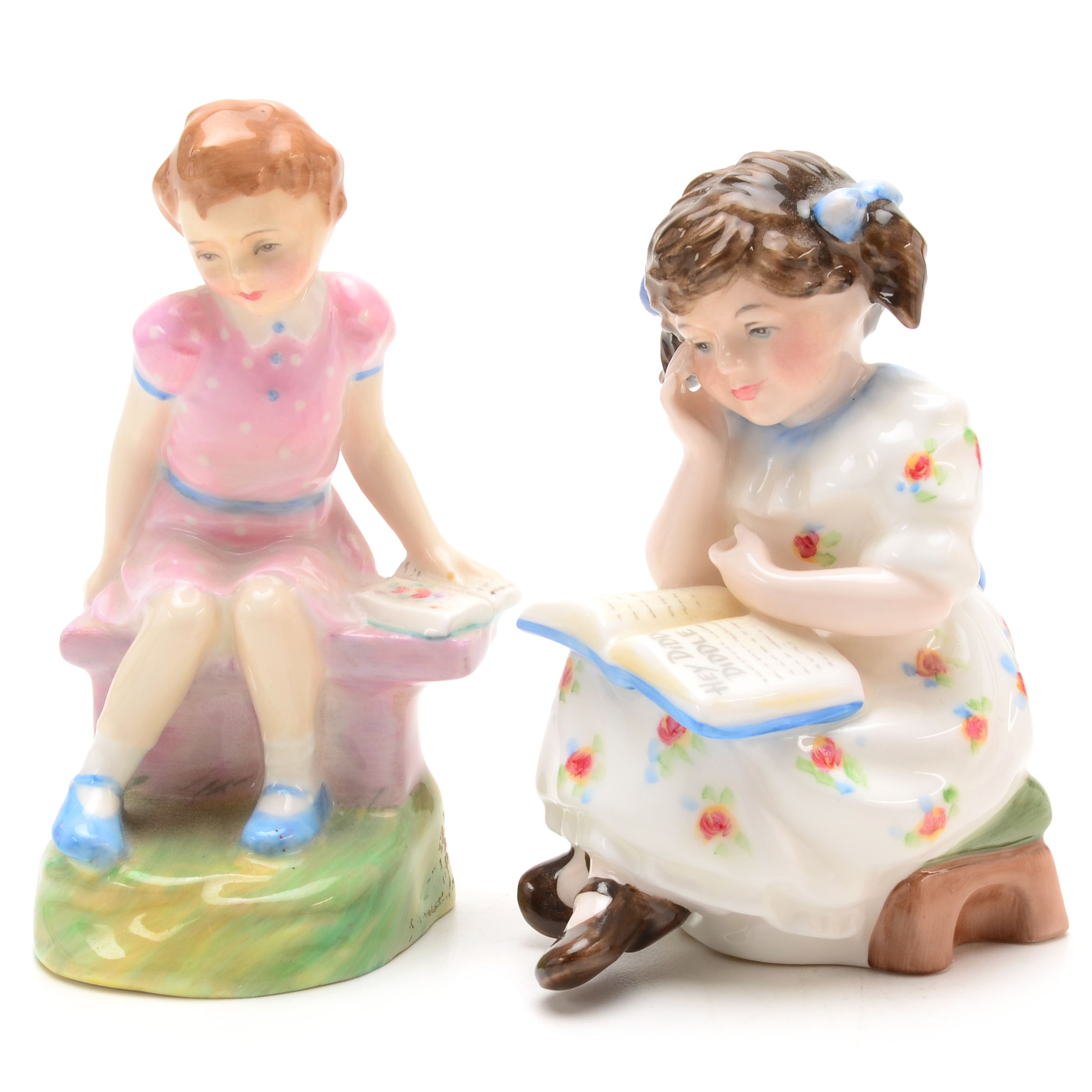 Pair of Royal Doulton Porcelain Girl Figurines Reading