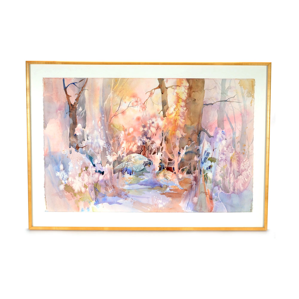 Blábon Signed Original Watercolor of Woodland Scene with Quails