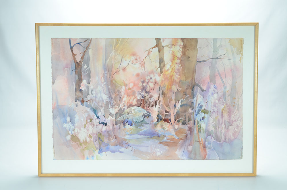 Blábon Signed Original Watercolor of Woodland Scene with Quails