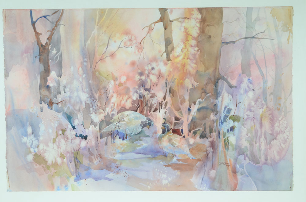 Blábon Signed Original Watercolor of Woodland Scene with Quails