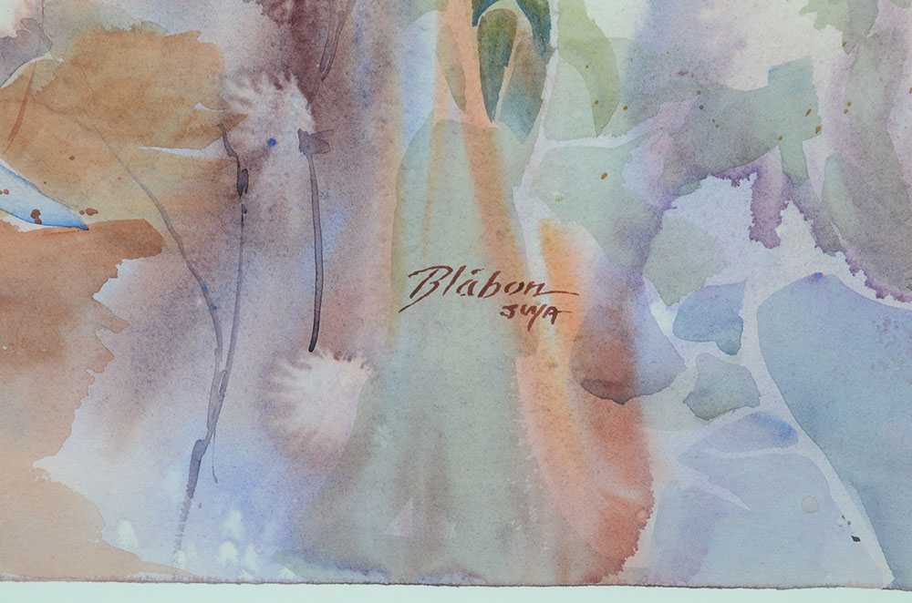 Blábon Signed Original Watercolor of Woodland Scene with Quails