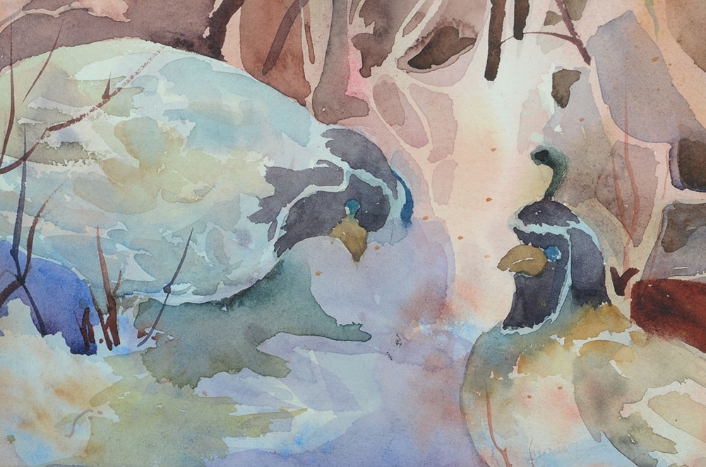 Blábon Signed Original Watercolor of Woodland Scene with Quails