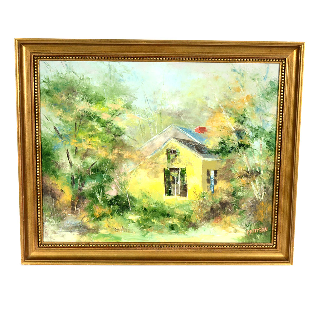Pattison Signed Original Oil on Canvas of Cottage in Landscape