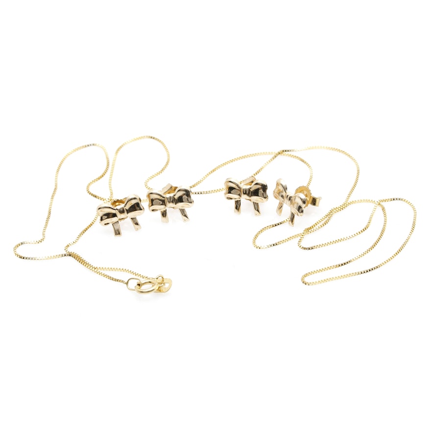 14K Yellow Gold Necklace by OTC International and Bow Stud Earrings