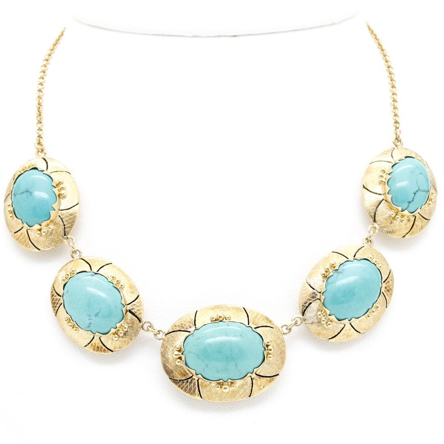 Floral Turquoise 14K Yellow Gold Link Necklace