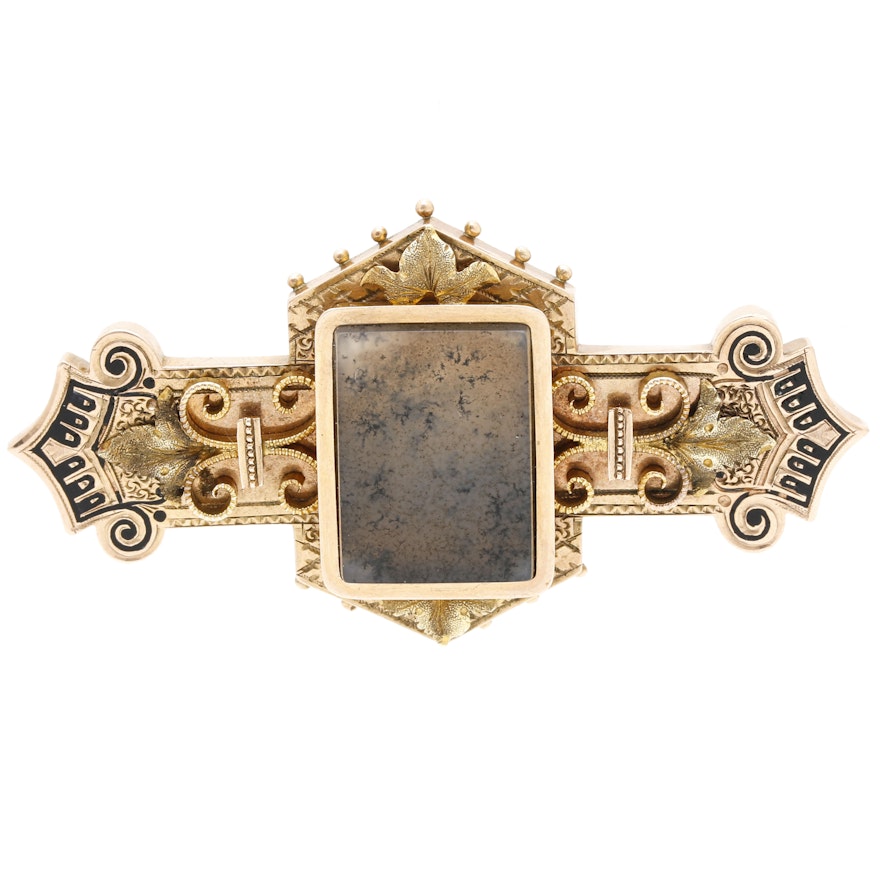 Victorian 10K Rose and Yellow Gold Agate Brooch