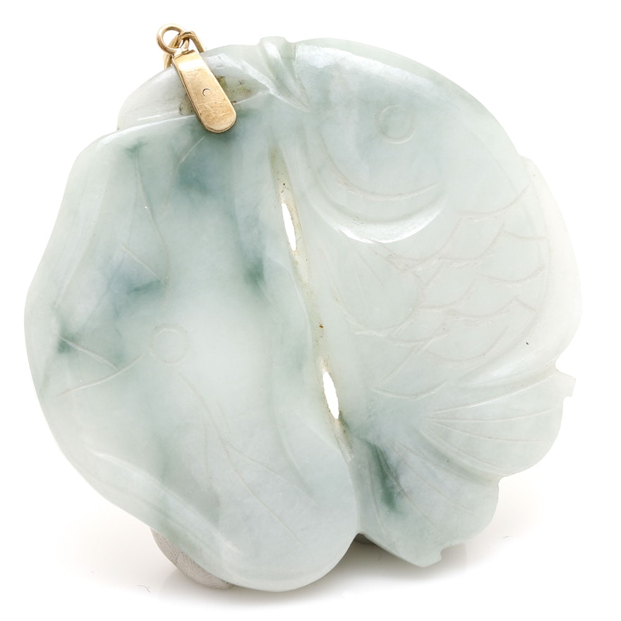 Carved Jadeite and 14K Yellow Gold Pendant