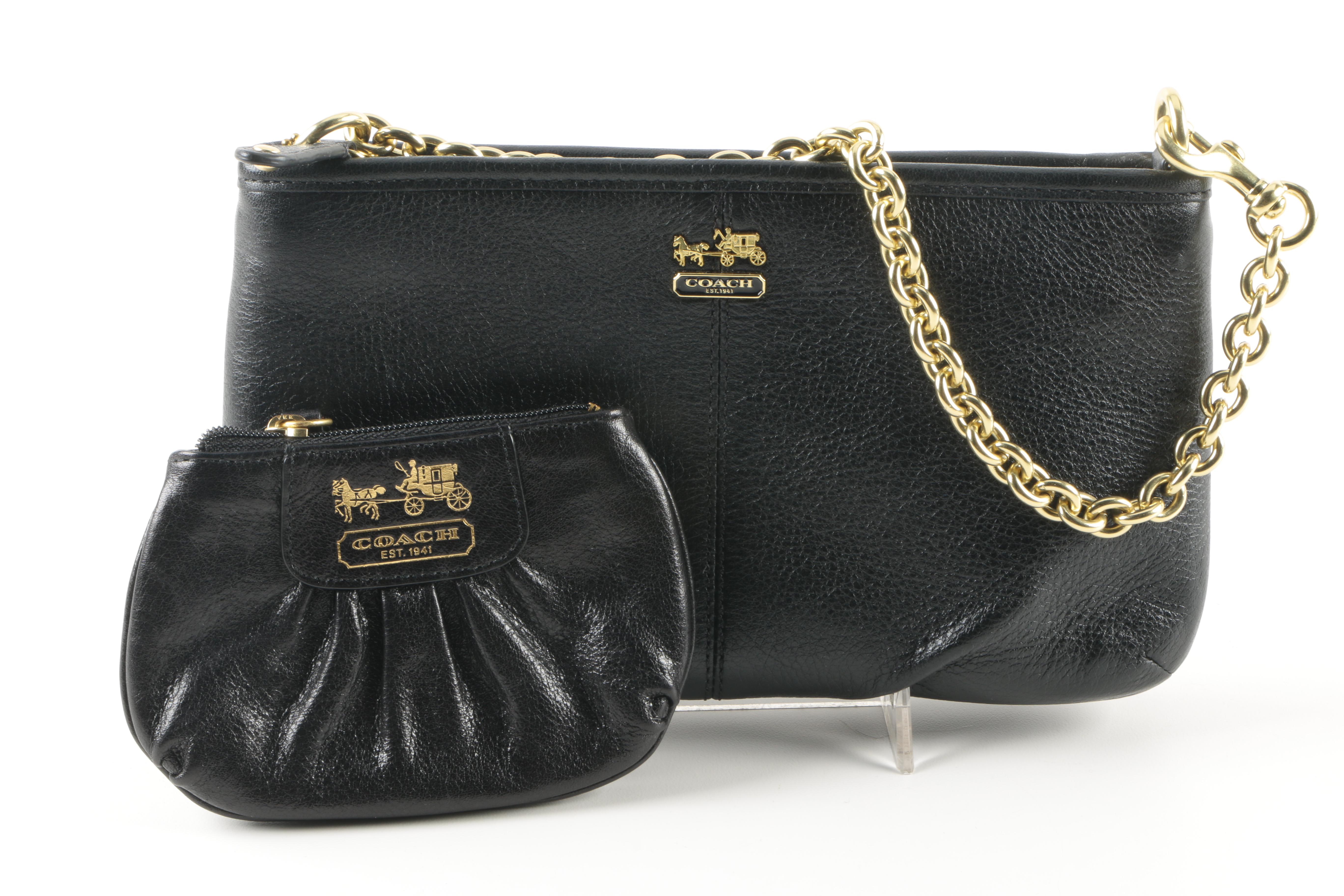 Coach Black Leather Lolita Chain Wristlet and Change Purse