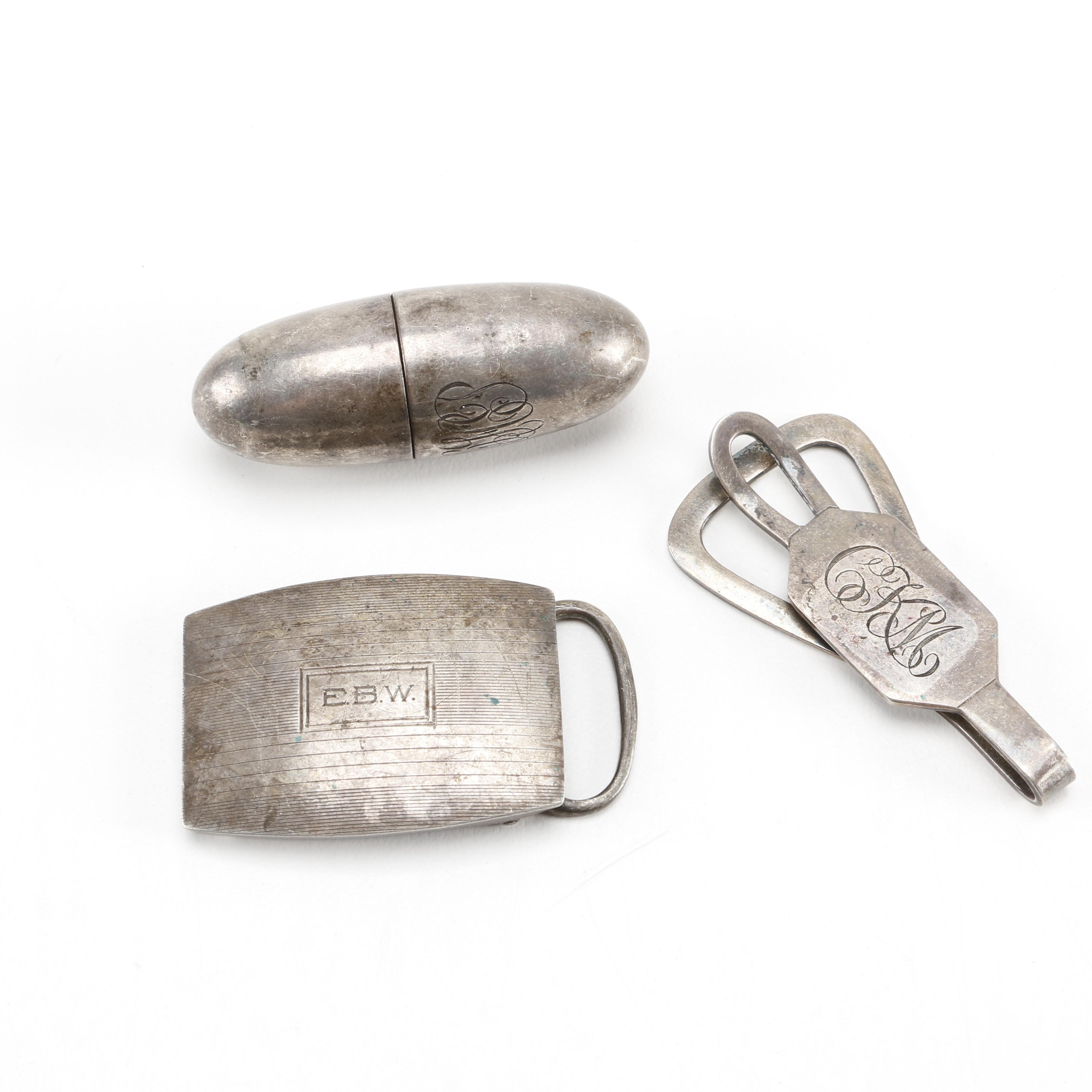 Sterling Silver Belt Buckle, Money Clip and Needle Case