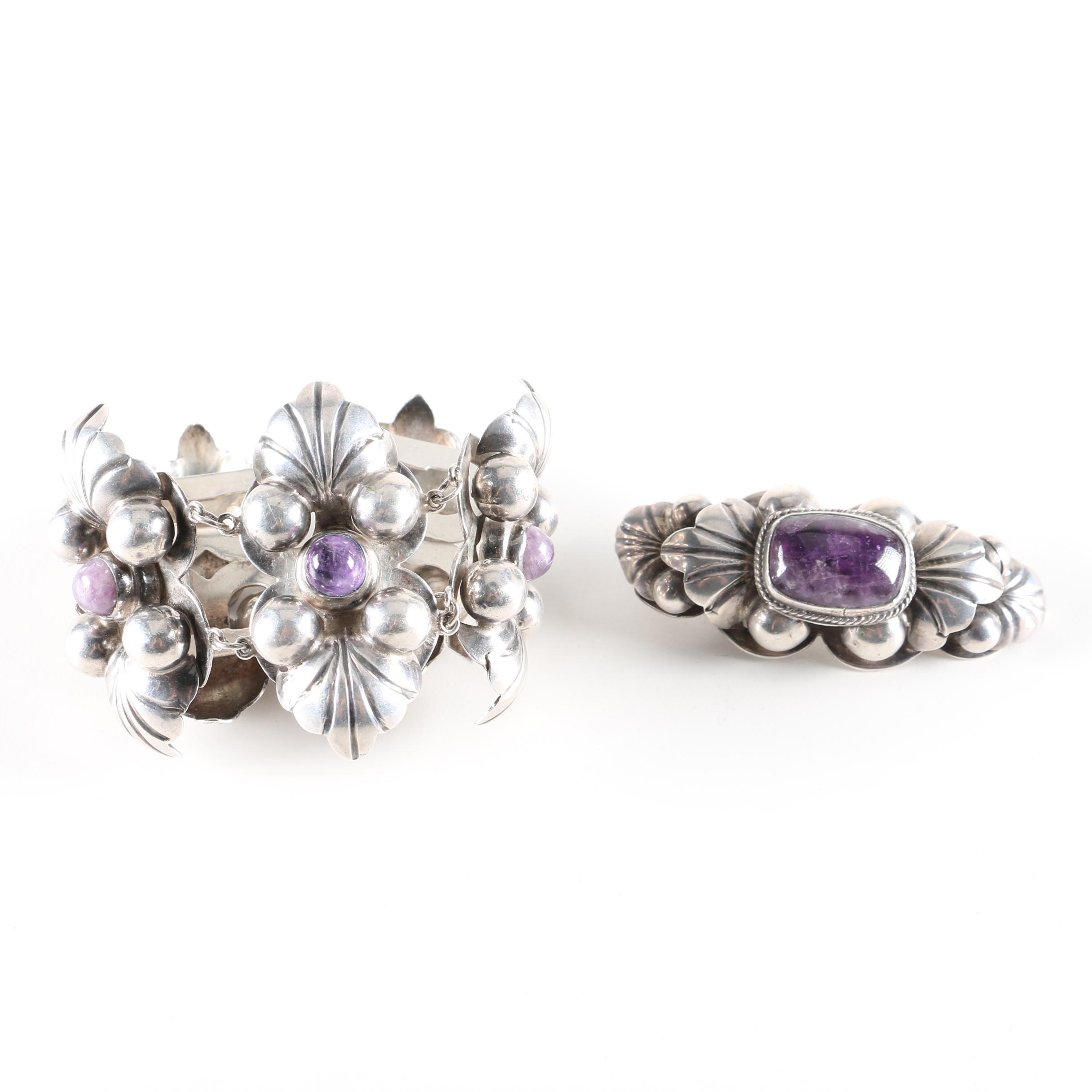 Sterling Silver Bracelet and Brooch with Amethyst
