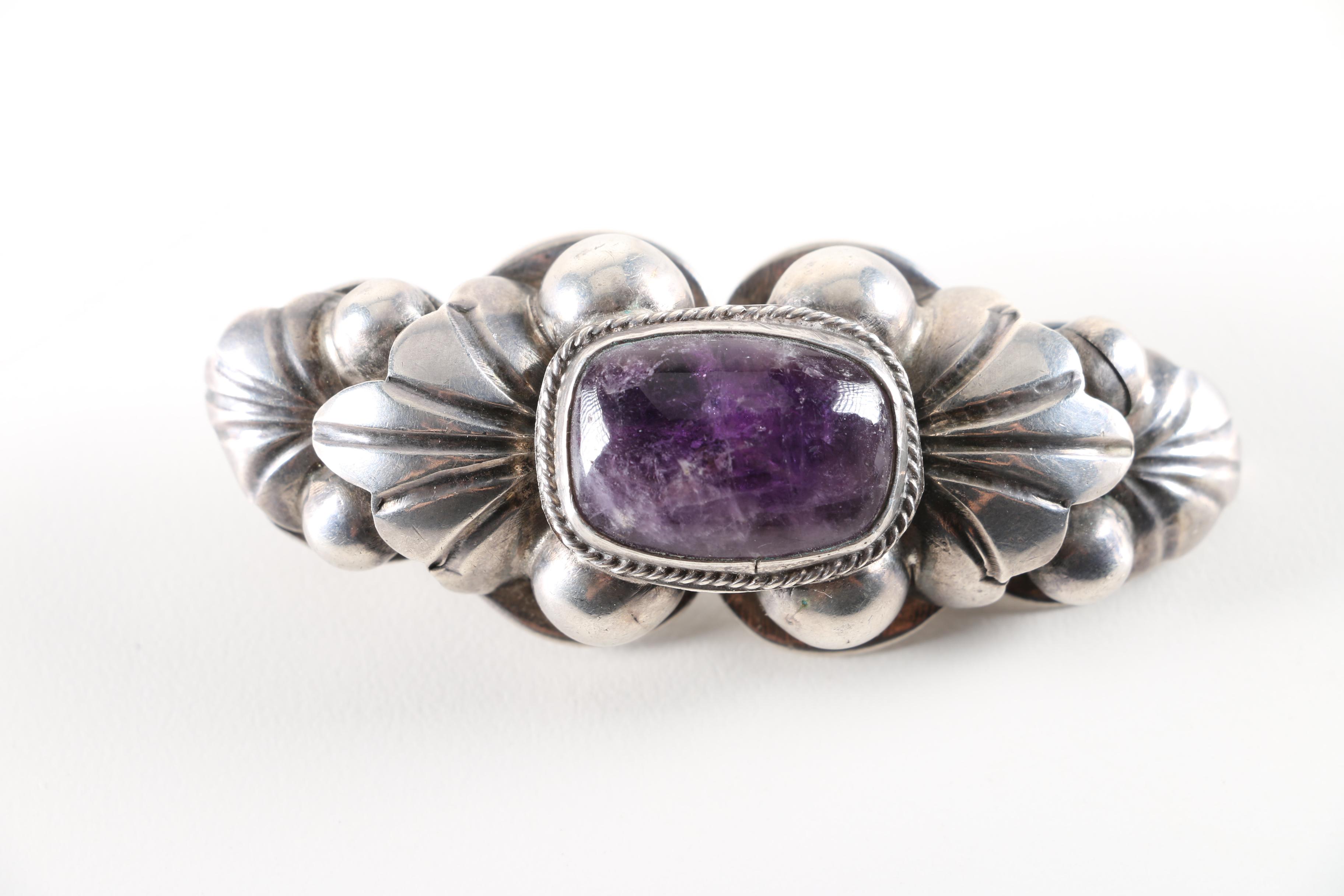 Sterling Silver Bracelet and Brooch with Amethyst