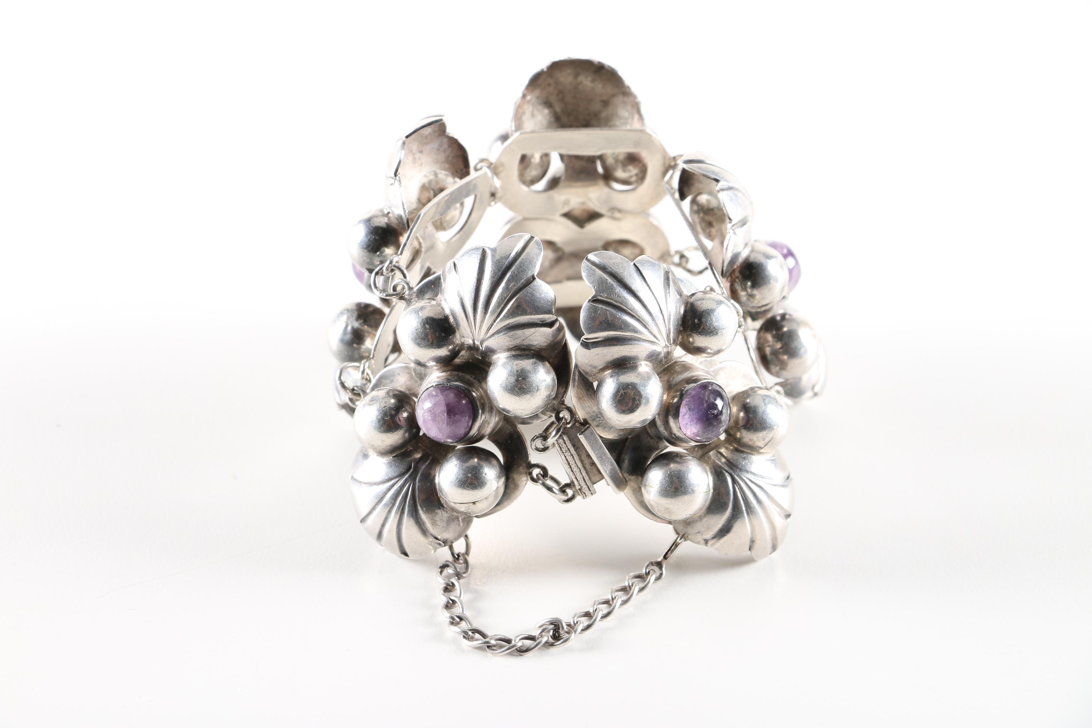 Sterling Silver Bracelet and Brooch with Amethyst