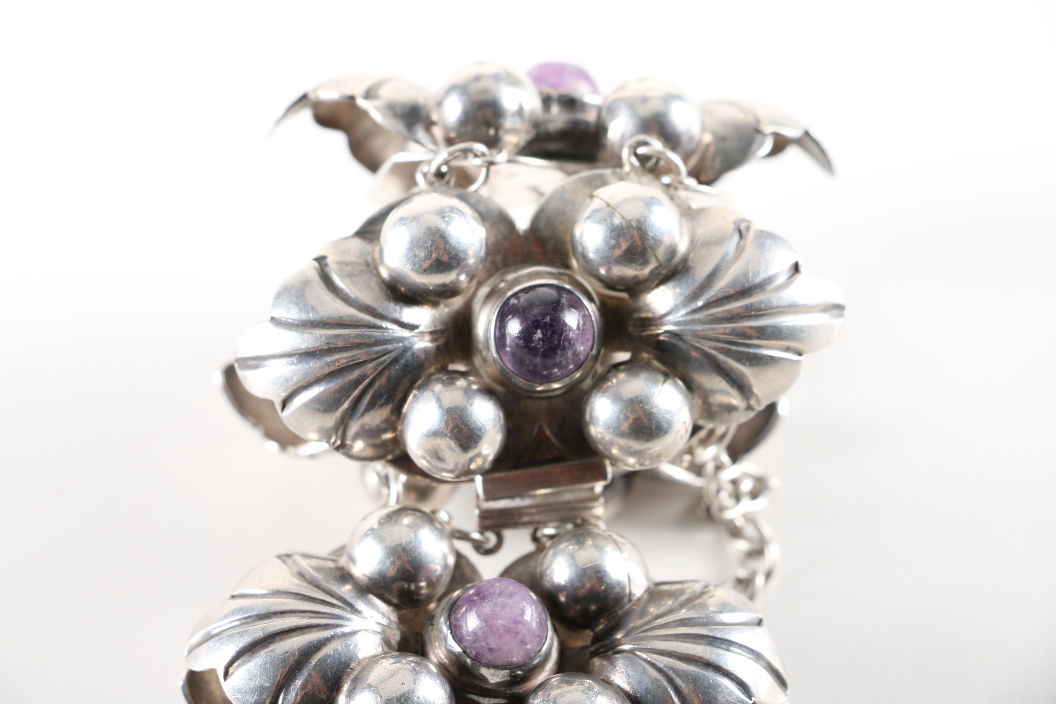 Sterling Silver Bracelet and Brooch with Amethyst