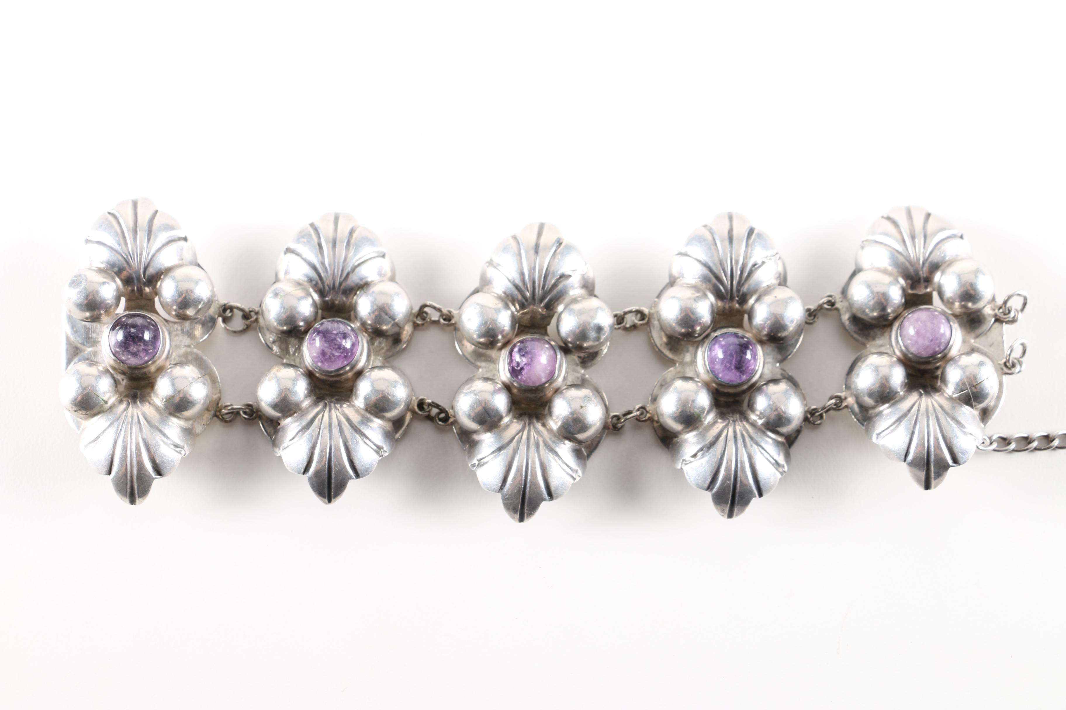 Sterling Silver Bracelet and Brooch with Amethyst