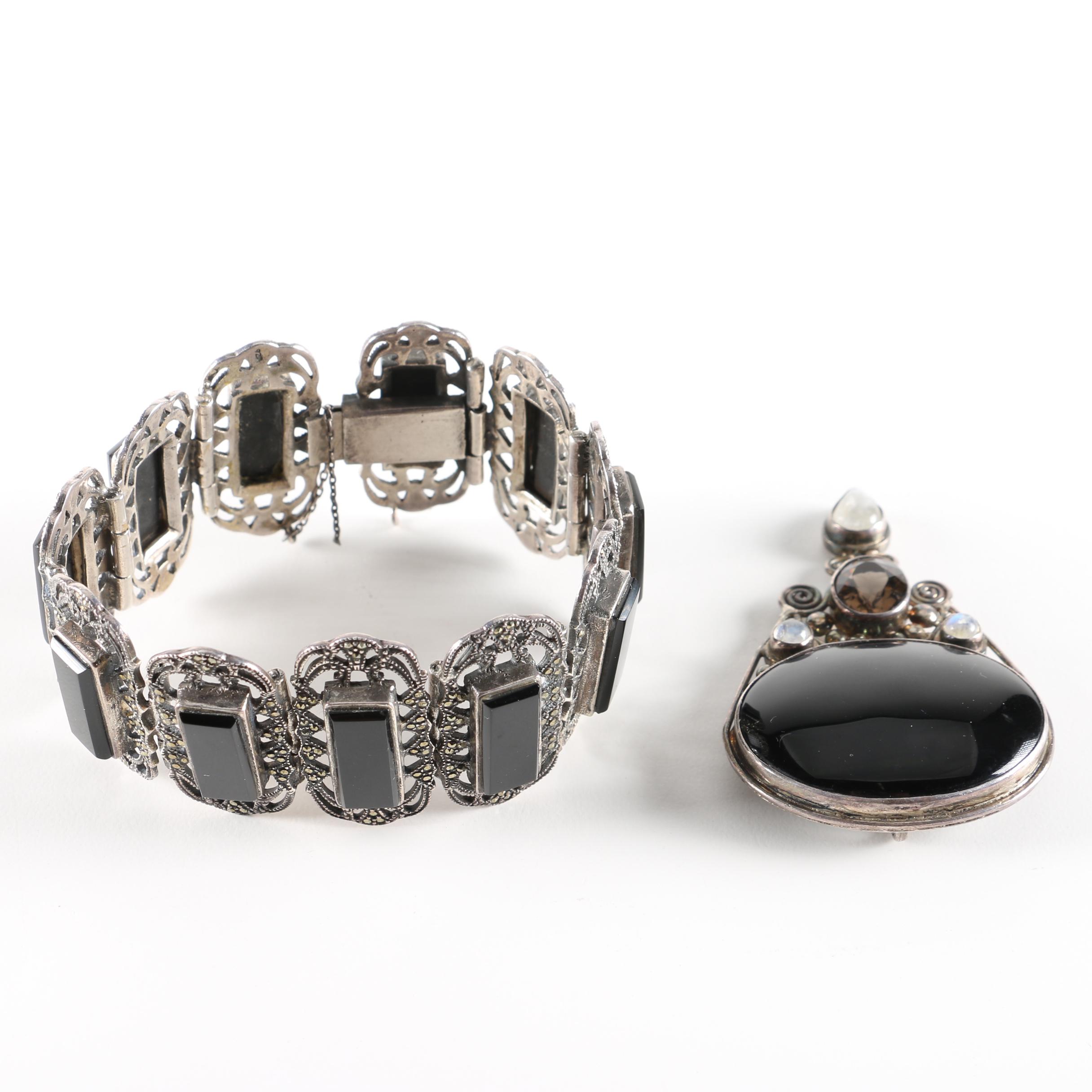 Sterling Silver Bracelet and Pendant with Stones Including Sajen