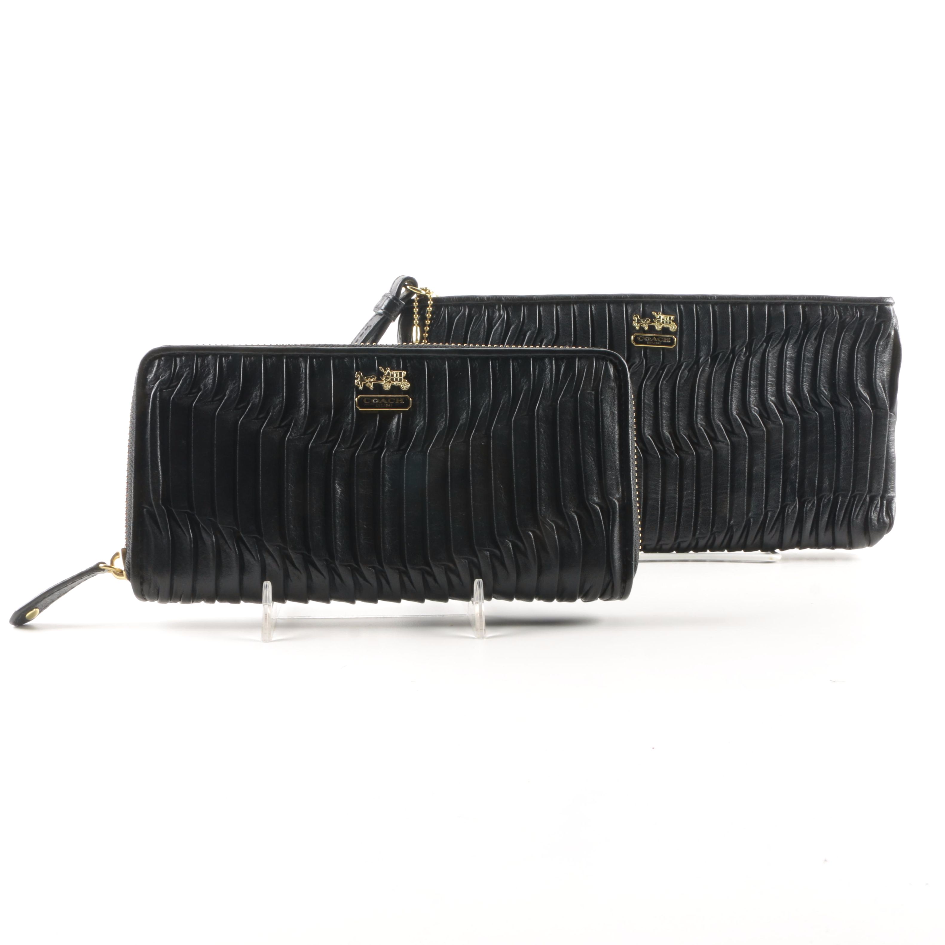 Coach Black Rouched Leather Wristlet and Zippered Wallet