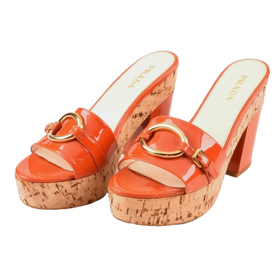 Prada Orange Patent Leather Slide with Platform Cork Heels