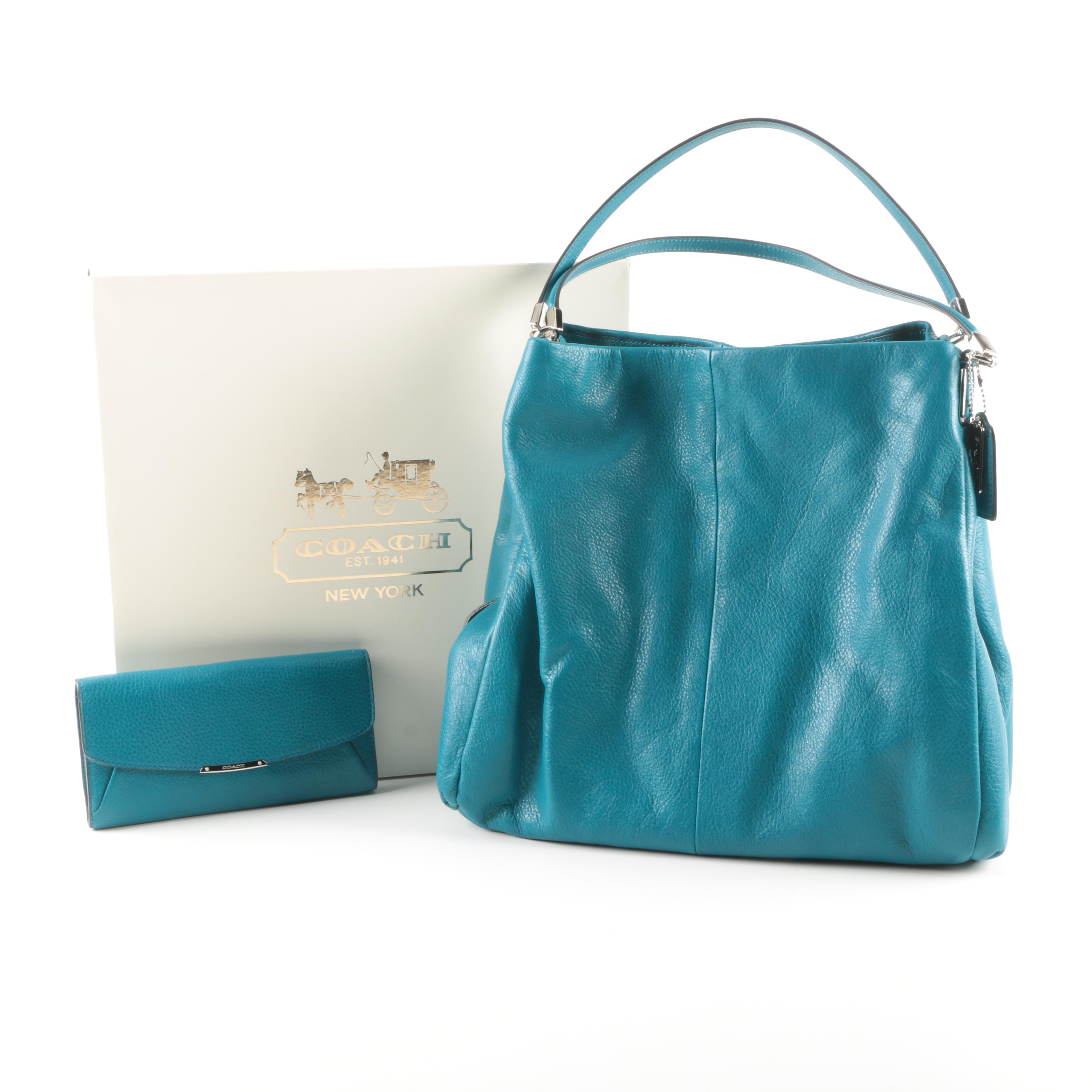 Coach Turquoise Leather Phoebe Shoulder Bag and Flap Wallet