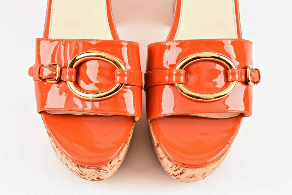 Prada Orange Patent Leather Slide with Platform Cork Heels