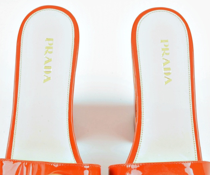 Prada Orange Patent Leather Slide with Platform Cork Heels