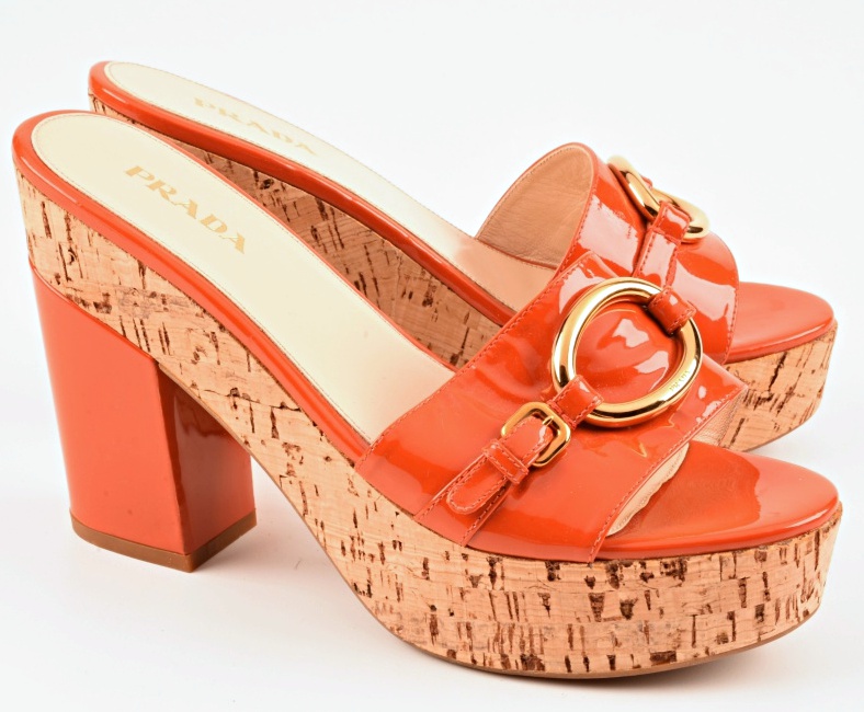 Prada Orange Patent Leather Slide with Platform Cork Heels
