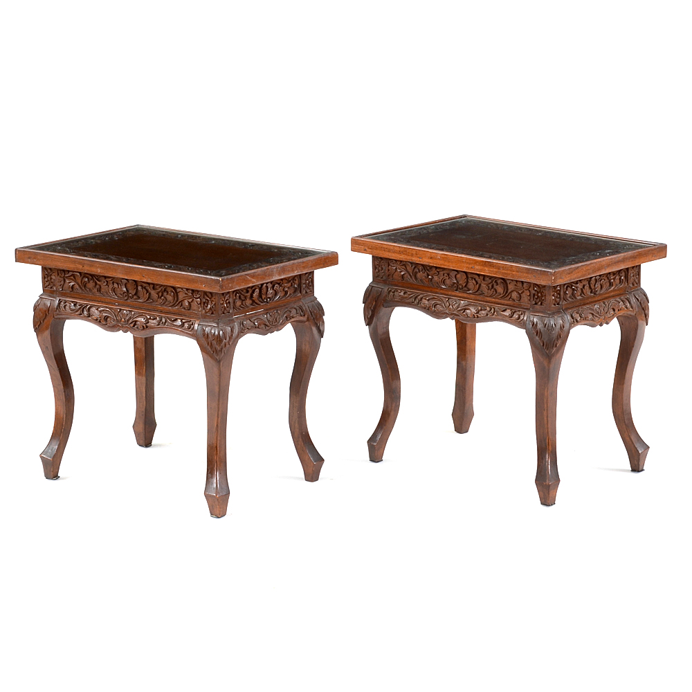 Carved Acanthus Glass Top End Tables