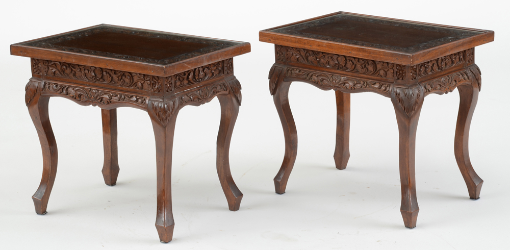 Carved Acanthus Glass Top End Tables
