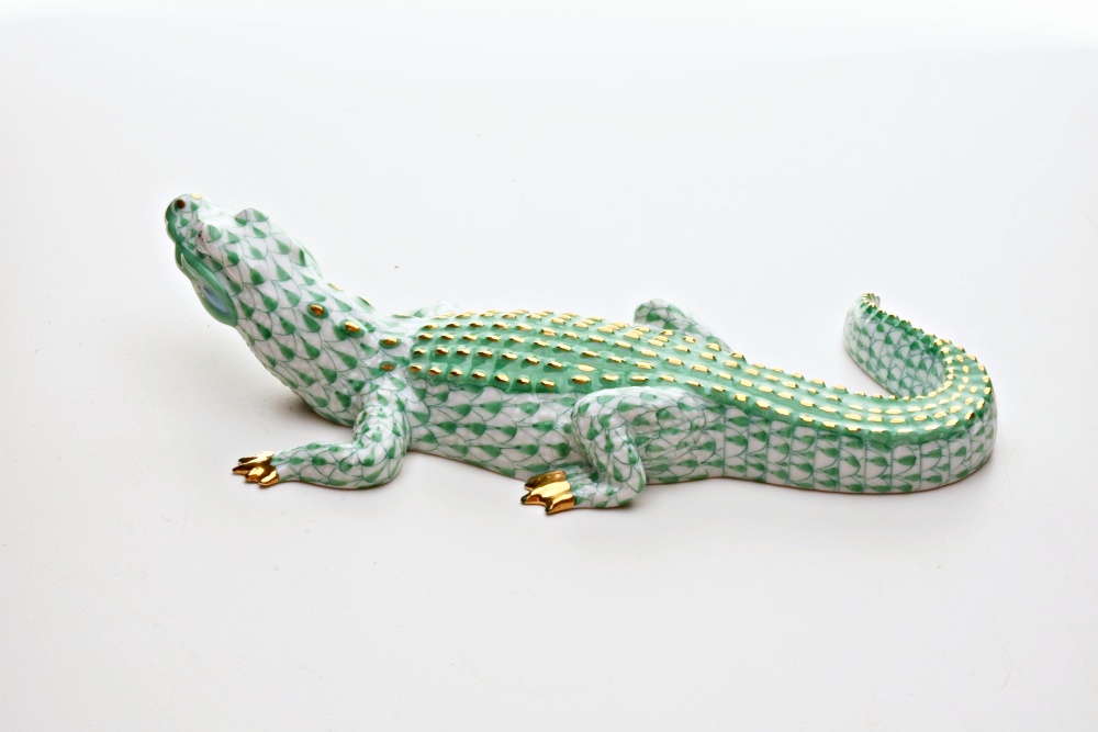 Green and White Herend Porcelain Alligator