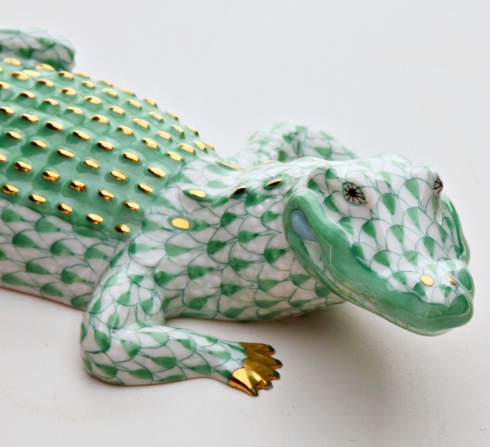 Green and White Herend Porcelain Alligator