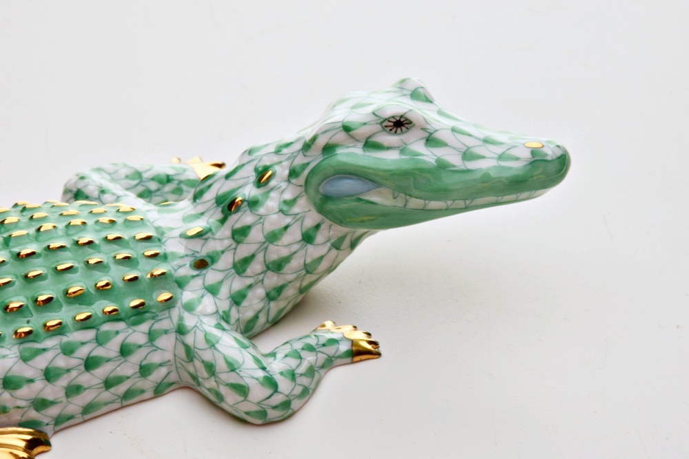 Green and White Herend Porcelain Alligator