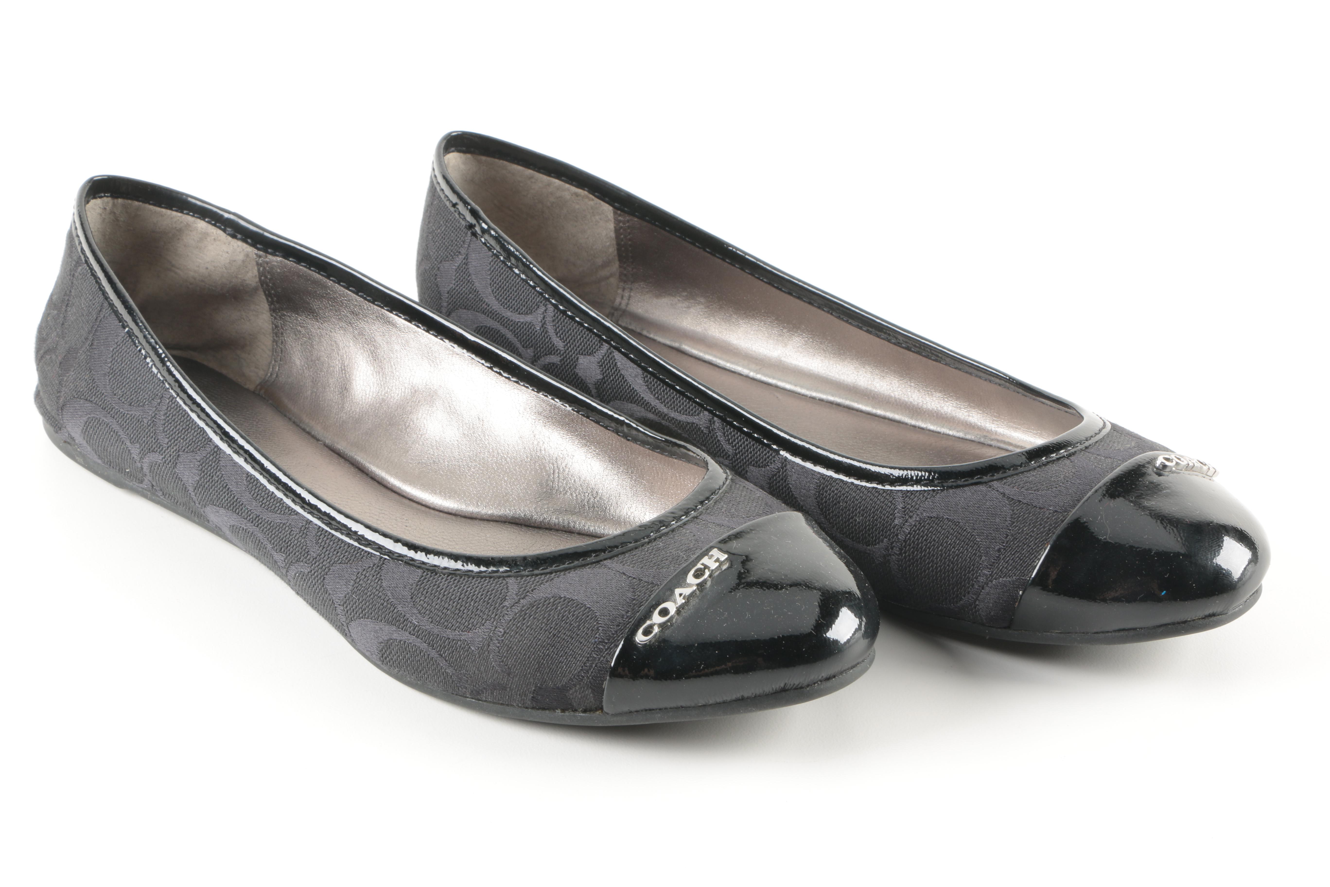 Coach "Darena" Black Canvas Logo Ballet Flats